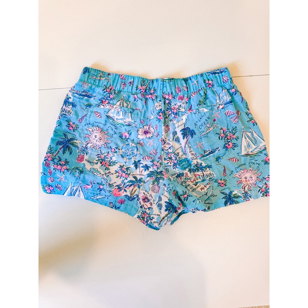 Lilly Pulitzer Lilo Lagoon Shorts Womens M Amalfi Blue Linen Florida Roadtrip EX - Picture 2 of 6